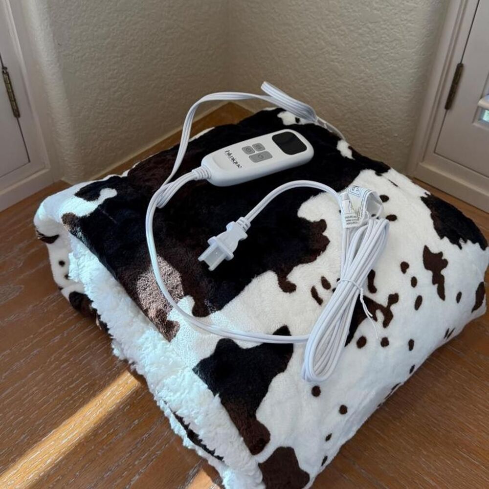 NEW Cow Print Fleece Sherpa Heated Blanket